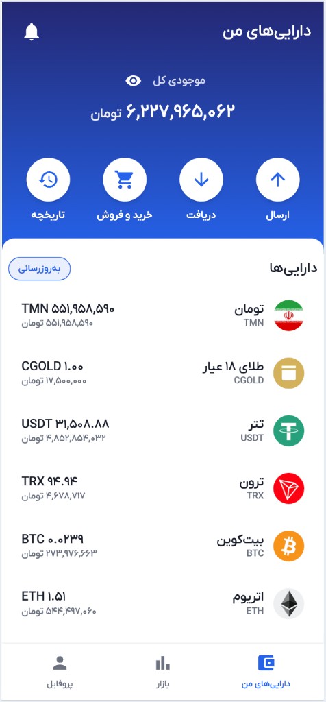 اسکرین‌شات صفحه دارایی‌های من در اپلیکیشن چنته